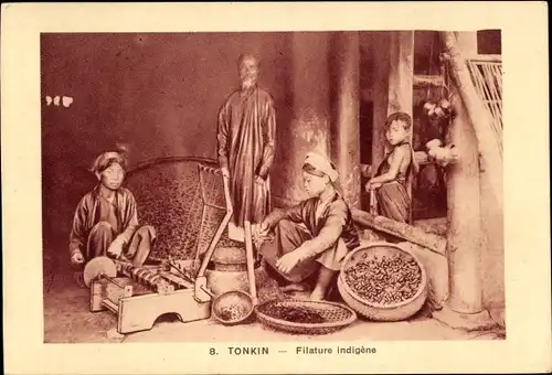 Ak Tonkin Vietnam, Filature indigène, Spinner bei der Arbeit