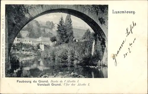 Ak Luxemburg Luxembourg, Faubourg du Grund, Bords de l'Alzette, Blick durch den Brückenbogen