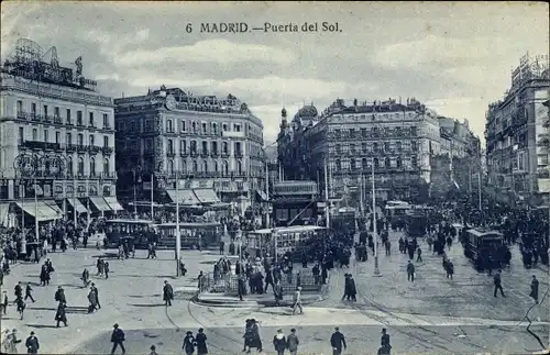 Ak Madrid Spanien, Puerta del Sol, Platz, Straßenbahnen