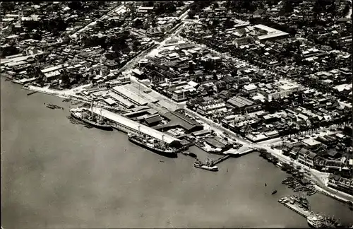 Ak Paramaribo Suriname, Emplacementen der KNSM, Fliegeraufnahme