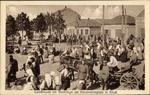 Ak Niš Nisch Serbien, Landfrauen am Markttage am Havensteinplatz, Deutsche Soldaten, I. WK