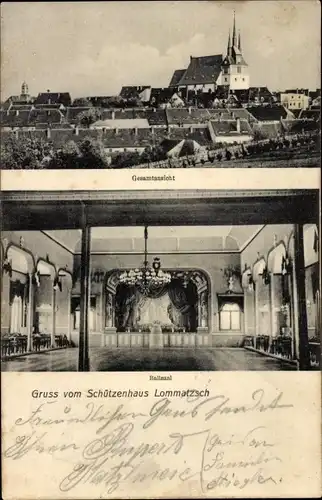 Ak Lommatzsch in Sachsen, Gesamtansicht, Schützenhaus, Ballsaal