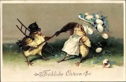 Präge Litho Glückwunsch Ostern, Küken, Schornsteinfeger