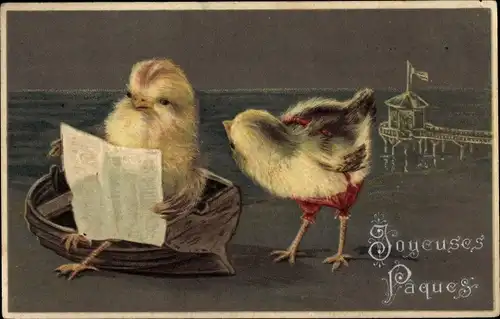 Präge Litho Glückwunsch Ostern, Joyeuses Paques, Küken am Strand