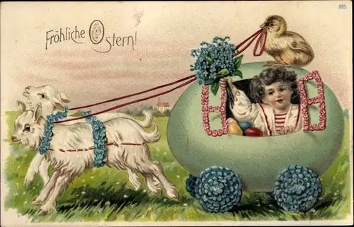 Präge Litho Glückwunsch Ostern, Kind in Kutsche aus Eierschale, Küken als Kutscher, junge Ziegen