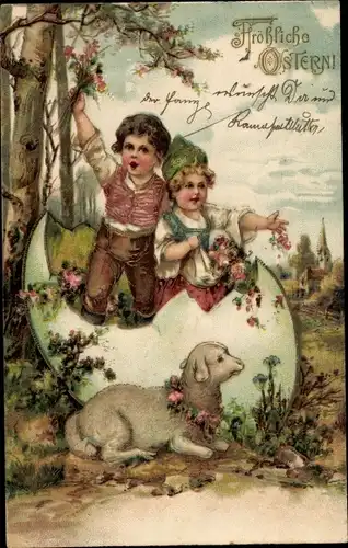 Präge Litho Glückwunsch Ostern, Kinder in Eierschale, Blumen, Lamm