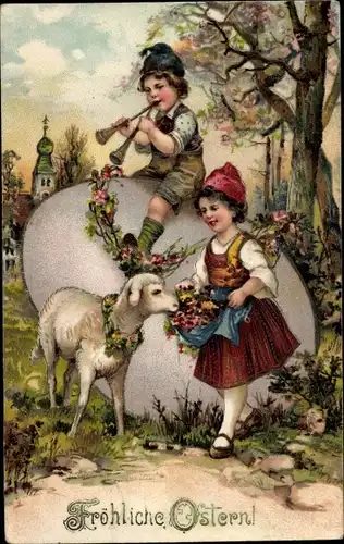 Präge Litho Glückwunsch Ostern, Kinder mit Lamm, Blumen, Osterei