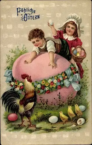 Präge Litho Glückwunsch Ostern, Kinder, Ostereier, Hahn, Küken