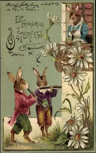 Präge Litho Glückwunsch Ostern, Musizierende Hasen, Häsin
