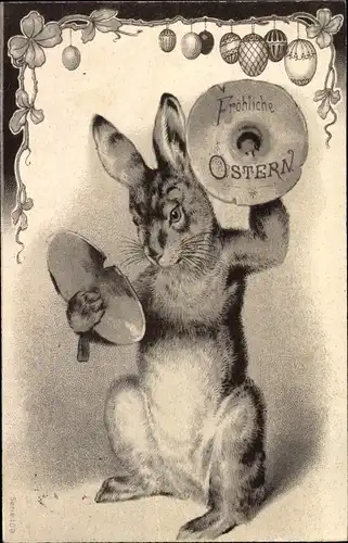 Präge Litho Glückwunsch Ostern, Osterhase mit Becken, Ostereier