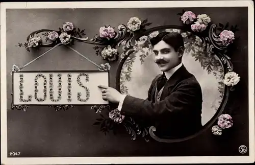 Buchstaben Ak Vorname Louis, Männerportrait, Blumen