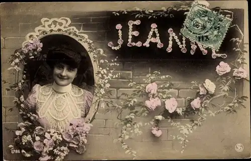 Buchstaben Ak Vorname Jeanne, Frauenportrait, Rosen