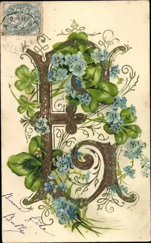 Präge Buchstaben Ak Buchstabe E, Kleeblätter, Vergissmeinnicht