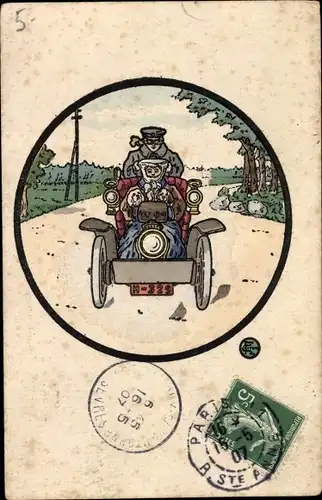 Künstler Ak Automobil auf der Strecke, Dame mit Hunden, Fahrer