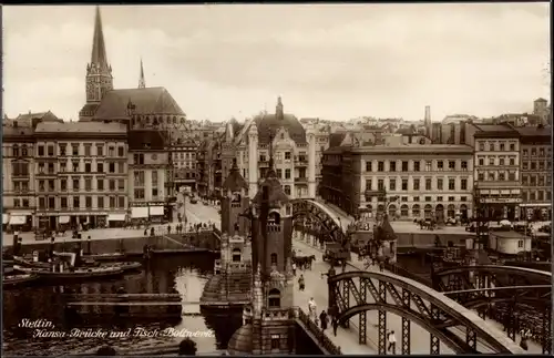 Ak Szczecin Stettin Pommern, Hansa Brücke und Fisch Bollwerk