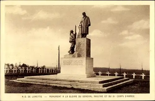 Ak Ablain Saint Nazaire Pas de Calais, Notre Dame de Lorette, Monument General Maistre et 21. Corps