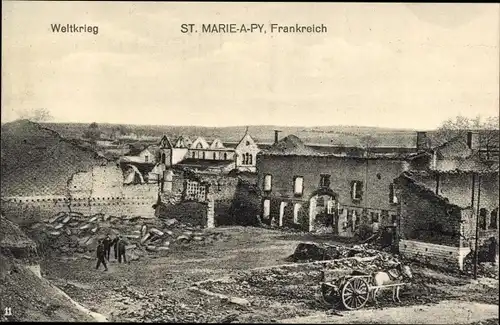 Ak Sainte Marie à Py Marne, 1. Weltkrieg, Kriegszerstörungen, Pferdekarren