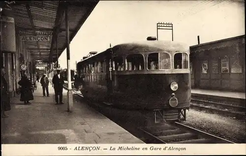 Ak Alencon Orne, La Micheline en Gare, Bahnhof, Gleisseite, Dampflok