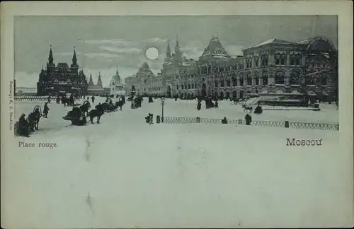 Mondschein Ak Moskau Russland, Roter Platz, Schlittengespanne, Winteransicht
