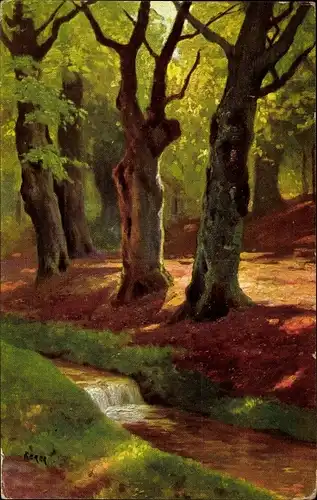 Künstler Ak Landschaft, Waldpartie mit Bach