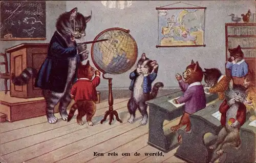 Ak Vermenschlichte Katzen, Katzenkinder in der Schule, Eine Reise um die Welt, Globus