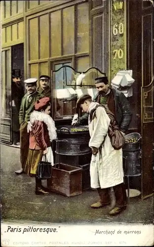 Ak Paris, Mann verkauft Kastanien an Passanten, Straßenansicht, Marchand de marrons