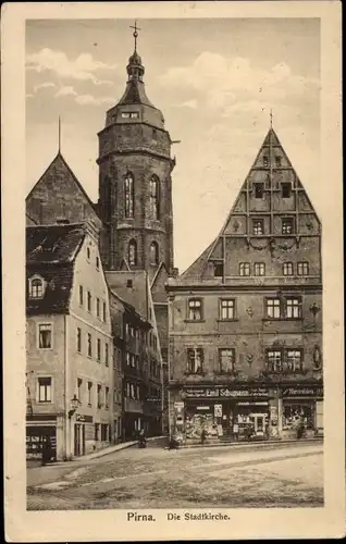 Ak Pirna an der Elbe, Stadtkirche, Geschäft Emil Schumann