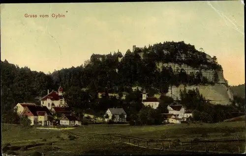 Ak Oybin in der Oberlausitz, Blick auf den Ort, Felsformation