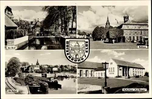 Ak Boizenburg an der Elbe, Hafen, Rathaus, Am Wall, Kulturhaus Kurt Bürger, Wappen