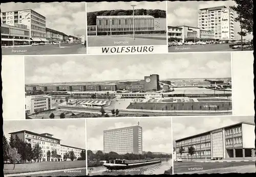 Ak Wolfsburg in Niedersachsen, VW-Werk, Porschestraße, Krankenhaus, Arbeitsamt, Stadthalle
