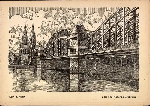 Künstler Ak Köln am Rhein, Dom und Hohenzollernbrücke