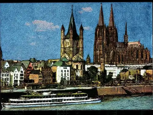 Ak Köln am Rhein, Rheinufer mit Dom und Groß-St.-Martin, Schiff