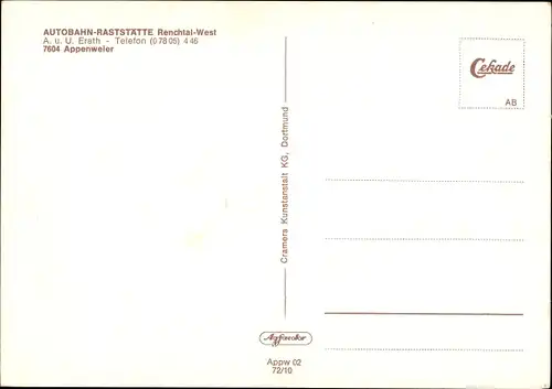 Ak Appenweier in Baden Schwarzwald, Bundesautobahn Raststätte Renchtal West, Parkplatz