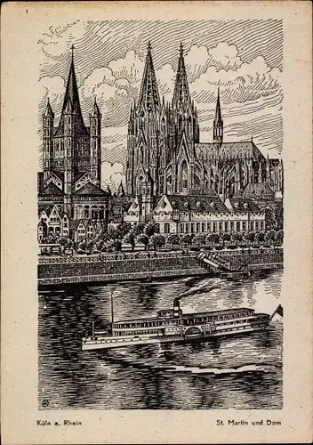 Künstler Ak Köln am Rhein, St. Martin und Dom, Dampfer