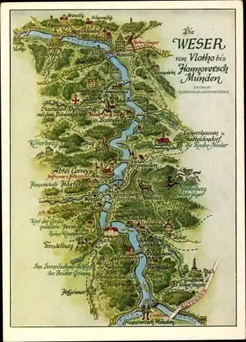 Landkarten Ak Vlotho an der Weser, Die Weser von Vlotho bis Hannoverisch Münden