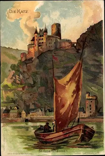 Künstler Litho Sankt Goarshausen am Rhein, Burg Katz, Segelboot