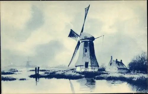 Künstler Ak Niederländische Windmühle, Fluss, Dorf