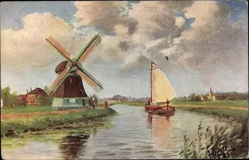 Künstler Ak Oudes, J., Niederländische Windmühle, Fluss, Segelboot