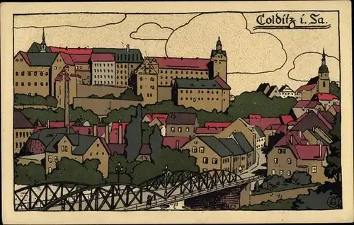 Steindruck Ak Colditz in Sachsen, Schloss, Brücke