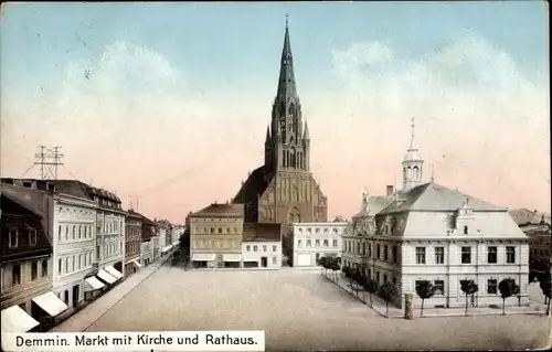 Ak Demmin in Vorpommern, Markt mit Kirche und Rathaus