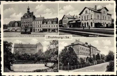 Ak Frohburg in Sachsen, Bahnhof, Schule, Schloss, Marktplatz