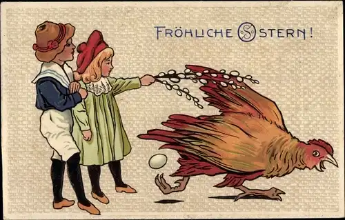 Präge Litho Glückwunsch Ostern, Henne, Kinder mit Weidenkätzchenzweigen