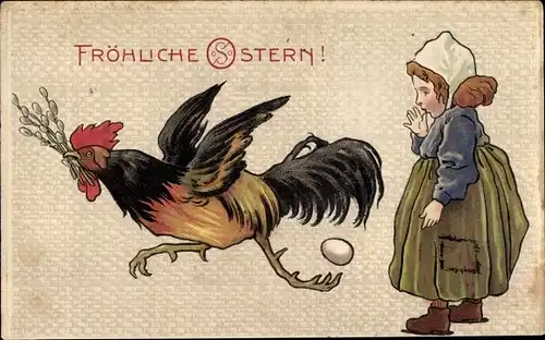 Präge Litho Glückwunsch Ostern, Hahn mit Weidenkätzchenzweigen, Mädchen