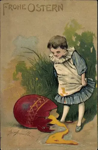 Präge Litho Glückwunsch Ostern, Kind, zerbrochenes Osterei