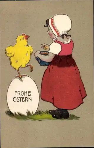 Präge Litho Glückwunsch Ostern, Mädchen füttert Küken, Osterei