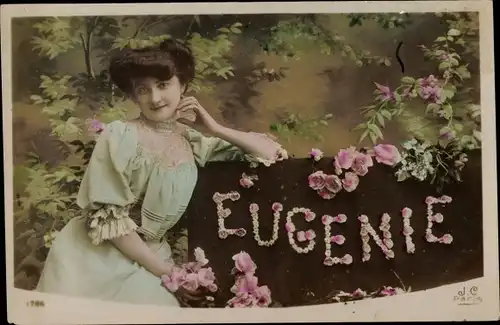 Buchstaben Ak Vorname Eugenie, Frauenportrait, Rosen