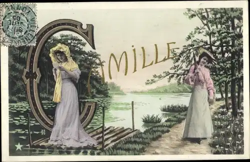 Buchstaben Ak Vorname Camille, zwei Frauen, Flussufer, Floß