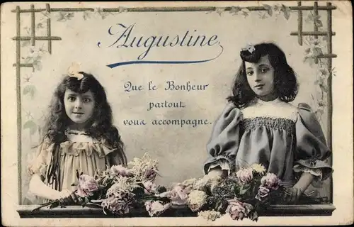 Buchstaben Ak Vorname Augustine, Que le Bonheur partout vous accompagne, Mädchen, Blumen