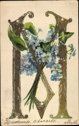 Präge Buchstaben Ak Buchstabe M, Vergissmeinnicht