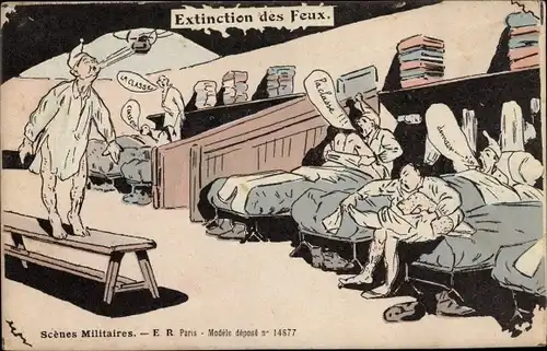 Ak Scenes Militaires, Extinction des Feux, französische Soldaten